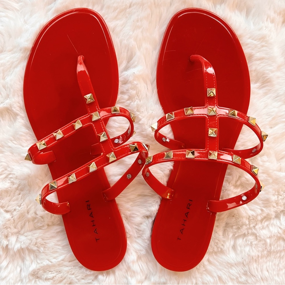 Moving Sale! EUC Tahari Red Gold Studded Lila Flat Jelly Sandal Size 10